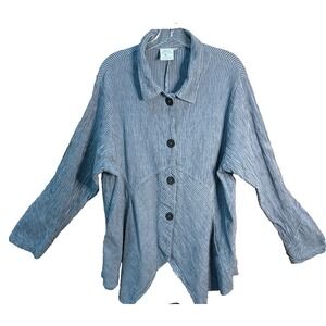 Mill Valley Hobo Top 1X Long Sleeve Blue Stripe Linen Blend  Artsy Lagenlook USA